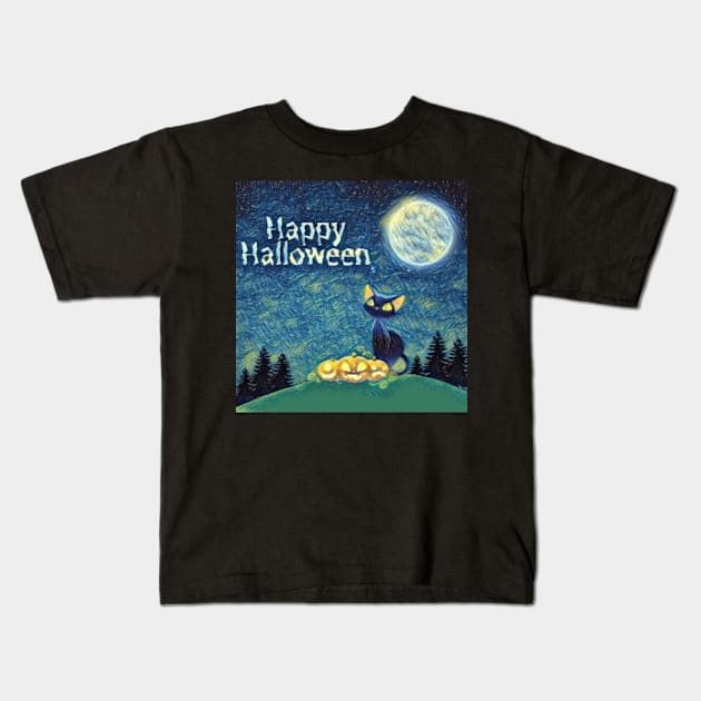 Happy Halloween Black Cat Design Kids T-Shirt by Del Vecchio Designed 